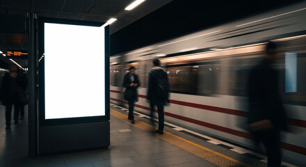 Blank Digital Billboard in Subway Station with Passing Train Motion Blur