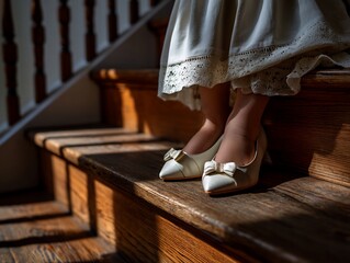 Elegant Bridal Shoes on Wooden Staircase Bow Detail Lace Dress.
