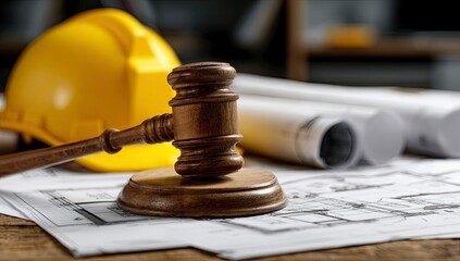 Gavel on construction plans, dispute resolution, building issues in the background
