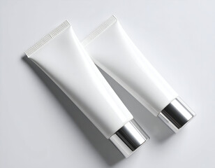 Flat lay of two blank white cosmetic tubes with silver caps, diagonally arranged on a clean white background, showcasing a minimalist beauty product concept.