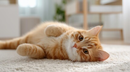 Obraz premium Playful orange tabby cat lounging on a soft rug in a cozy living room environment during daylight hours.