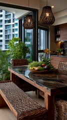 Elegant Dining Area with Fruit Bowl Woven Lamps and City View.