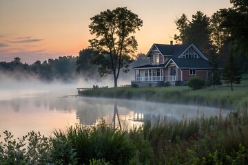 Fototapeta premium Serene Lakeside House at Dawn, Misty Morning Reflection on Calm Water