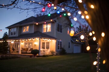 Cozy Suburban Home at Night, Illuminated by Festive String Lights