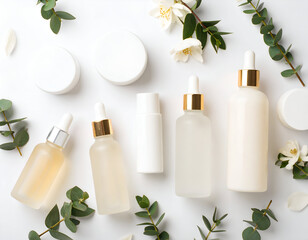 Overhead shot of organic beauty serums, oils, and creams in glass droppers and jars, surrounded by fresh green leaves on a white background.