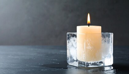 Burning Candle Inside a Block of Ice — Fire and Ice Concept on Dark Background