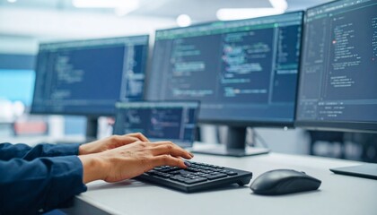 Hands typing on a keyboard with multiple computer screens displaying code, A programmer working on multiple monitors to debug software