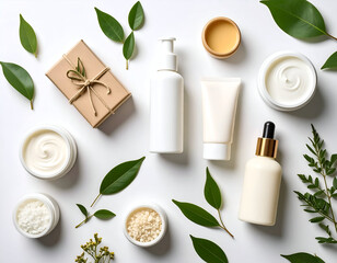 Radiant Skin Overhead of Organic Skincare Products and Fresh Green Leaves