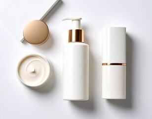 Overhead view of a pearl-colored airless pump and cream swatch, spaced neatly on white background.