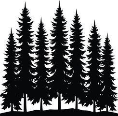 Obraz premium Dense forest with tall pine trees silhouette isolated on transparent background