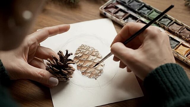 A person paints a pinecone on paper next to a real pinecone with watercolor paints on a wooden table