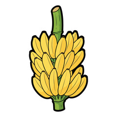 A vibrant illustration of a large bunch of ripe yellow bananas hanging from a green stem, isolated on a white background. This is a simple cartoon-style depiction of fresh tropical fruit.