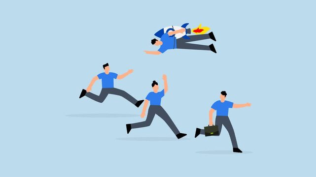 Game changer, 4k animation of businessman who flies in rocket backpack in different directions than other competitors.