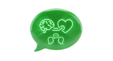 Obraz premium Neon Green Speech Bubble with Brain Heart and Two People Icons on Transparent Background
