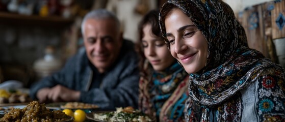 Family enjoying meal woman smiling traditional headscarf.