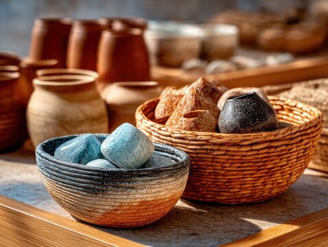Ceramic and stone bowls in baskets - Powered by Adobe