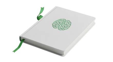 White Notebook with Green Brain Icon and Ribbons on Transparent Background
