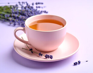 Firefly Pink Tea Cup with Lavender Flowers Aromatic Serenity on a Light Purple Desk