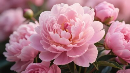 Obraz premium Bloom of Soft Pink Peonies with Delicate Petals and Green Leaves