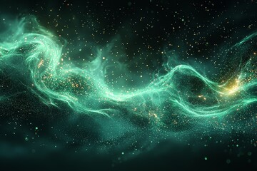 Bioluminescent spores dispersing in UV-lit airflow with glowing green particles and ethereal darkness in mysterious abstract scene