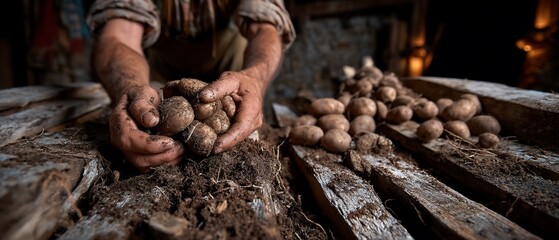 Farmers Hands Holding Freshly Harvested Potatoes Rustic Setting.