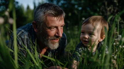 Father and Baby in Green Grass Smiling Outdoors.