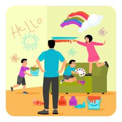 The children painted the walls creating colorful works of art under the supervision of their father.