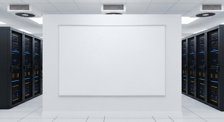 Modern Data Center Aisle with Blank Screen for Information Display