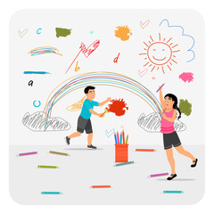 Kids Create Colorful Rainbows on Walls with Paint and Creativity.