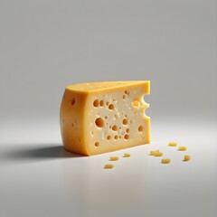 A Classic Swiss Cheese Wedge with Distinctive Holes and Tiny Crumbs on a Clean Surface