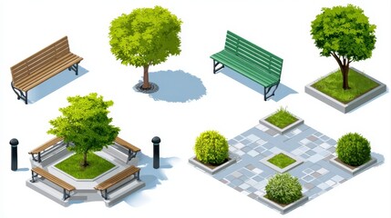Park scene with benches, trees and landscaped areas in a stylized design.