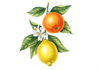Botanical illustration of a lemon and an orange on a branch with flowers and leaves, isolated on transparent background.