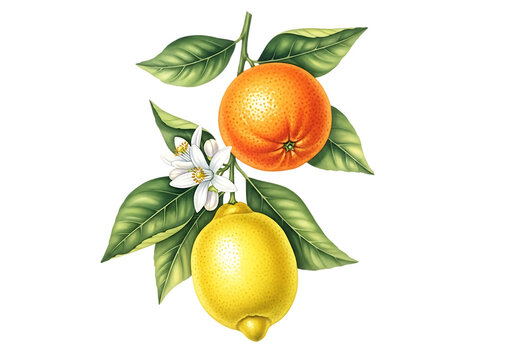 Botanical illustration of a lemon and an orange on a branch with flowers and leaves, isolated on transparent background.