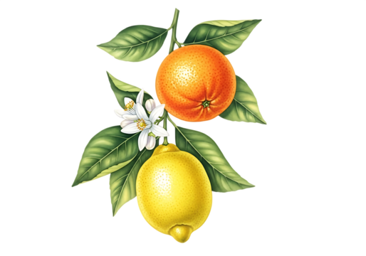 Botanical illustration of a lemon and an orange on a branch with flowers and leaves, isolated on transparent background. - Powered by Adobe