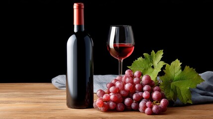 Obraz premium Still life of red wine, grapes and a glass on a wooden table with a black background.