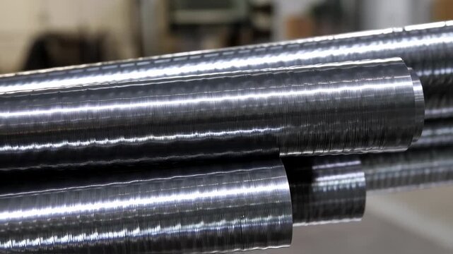 Close-up of Industrial Metal Rods, Shiny Texture, Manufacturing Process