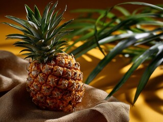 Fresh Pineapple on Linen with Green Leaves Yellow Background.