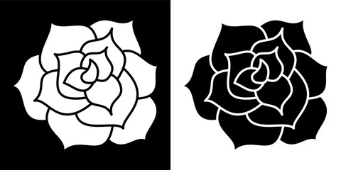 Two stylized roses one white on black and one black on white with petal outlines detailed