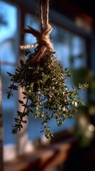 Fresh Thyme Herb Bundle Hanging with Natural Twine.