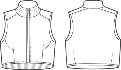 Sleeveless vest technical sketch, front and back view, zipper closure, high collar, ribbed hem, fashion design template, apparel construction, vector illustration layout.
