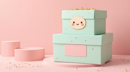 Pastel gift boxes stacked on display podiums for product showcase and presentation mockup