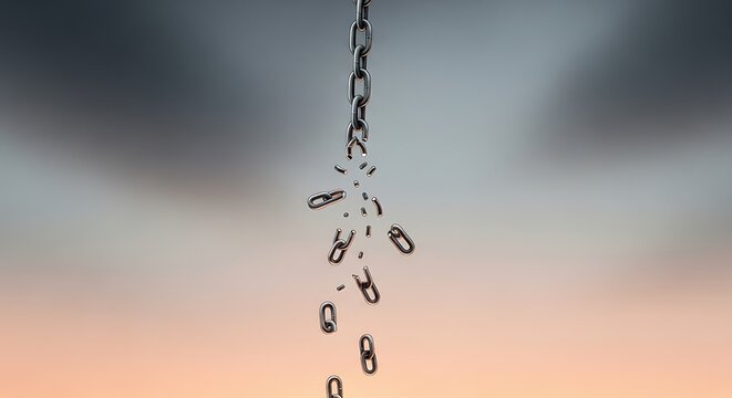 A broken chain falling against a blurred sky symbolizes freedom and breaking free from constraints