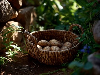 Freshly Harvested Potatoes in Woven Basket Garden Setting.