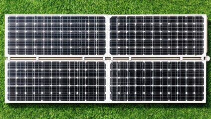 Solar panels laid out on green grass