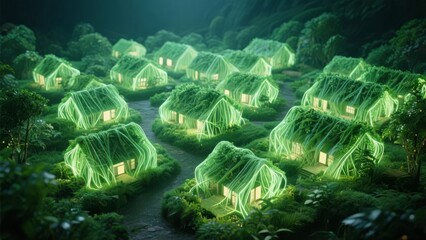 Fototapeta premium Glowing, Web-Encased Houses Nestled in a Lush Forest at Night