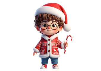 Cute 3D cartoon boy with glasses and curly hair wearing a Christmas hoodie and Santa hat, holding a candy cane, isolated on transparent background