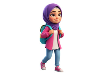 A cute young Muslim girl with a purple hijab, wearing a pink jacket and a backpack, walking happily, isolated on transparent background.