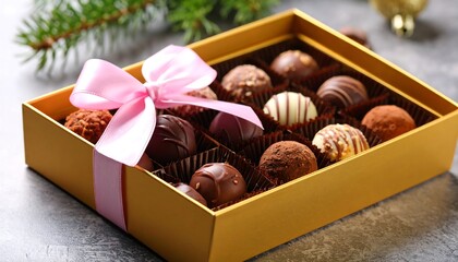 Gourmet Chocolate Truffles in Golden Gift Box with Pink Ribbon with Holiday Treat.