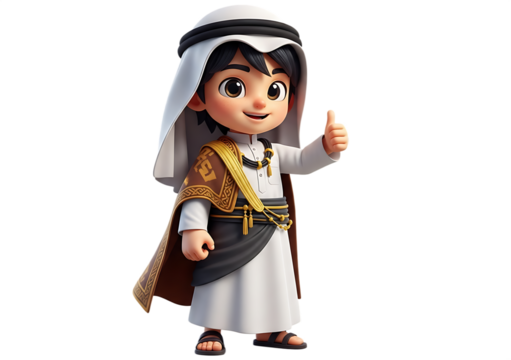 Cute 3D cartoon boy with Arabian or Middle Eastern traditional clothing, giving a thumbs up, isolated on transparent background

