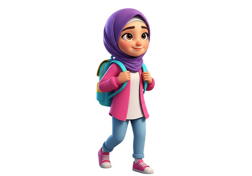 A cute young Muslim girl with a purple hijab, wearing a pink jacket and a backpack, walking happily, isolated on transparent background. - Powered by Adobe